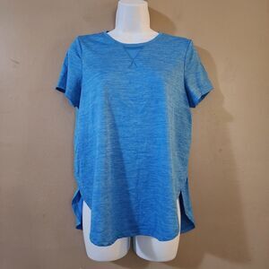 Danskin Now Womens Drimore Top Size S 4-6 Blue Space Dye Short Sleeve Slits